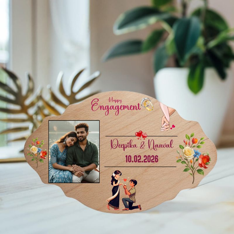 Personalized Happy Engagement Wooden Photo Frame   Engagement Gift for Couples, Best Friend, or Fiancé  Wooden Tabletop Keepsake
